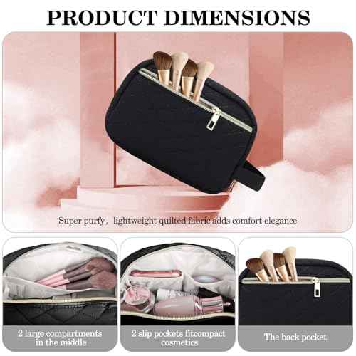 MAXTOP Black Quilted Makeup Bag Small Makeup Pouch for Women Travel Essentials Waterproof Travel Bag for Cosmetics Toiletries Accessories£¨Black£©