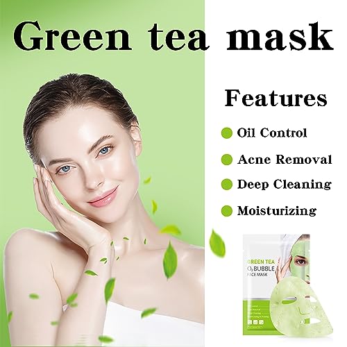 IREV 10 Pack Green Tea O2 Bubble Face Masks Sheet, Bubble Facial Mask, Foaming Face Mask, Purifying Facial Mask for Acne and Pores, Moisturizing Spa Face Masks Skincare, Brightening Beauty Masks