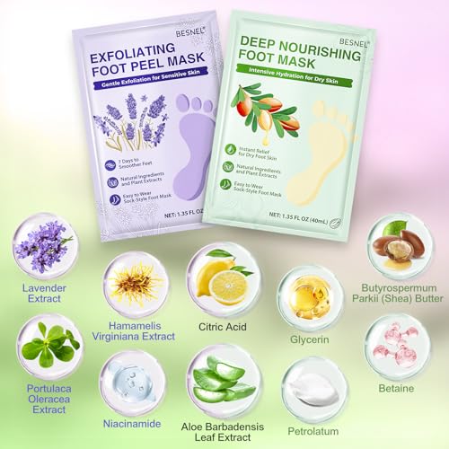 BESNEL 8-Pack Foot Peeling & Moisturizing Mask Set for Dry Cracked Feet