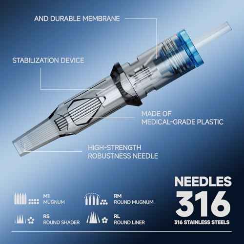 50Pcs Disposable Tattoo Cartridge Needles #10 Bugpin Assorted Mixed Size Round Liner Shader Magnum - 5 Pcs each of 3RL 5RL 7RL 9RL 5RS 9RS 9M1 15M1 9RM 15RM with Membrane Safety for Pro and Beginners