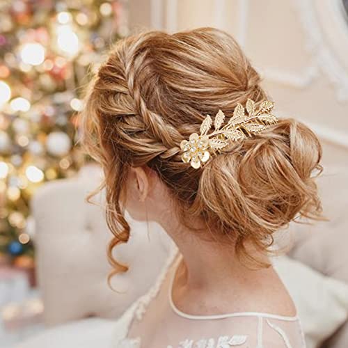 6 Pcs Leaf Hair Side Combs Gold & Silver Rhinestone Clips
