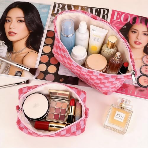 3Pcs Makeup Bag Set for Women, Checkered Cosmetic Bag Travel Toiletry Bags for Purse Large Small Mini Makeup Pouch Zipper Makeup Brushes Aesthetic Accessories Storage Organizer Bag (Pink Set)