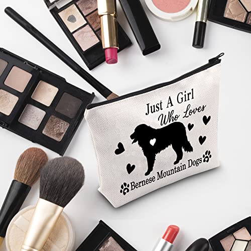 G2TUP Bernese Mountain Dog Lover Gift Who Loves Bernese Mountain Dogs Makeup Bag Bernese Mountain Mom Cosmetic Bag Dog Mama Travel Bag (Just a Girl Who Loves Bernese White Bag)