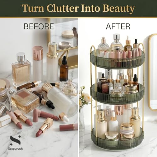 Satpurush 3-Tier Clear Green Rotating Makeup Organizer for Vanity & Bathroom