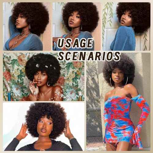 Afro Wigs for Black Women 70s Afro Kinky Curly Wig with Bangs Bouncy Huge Fluffy Puff Wigs Synthetic Hair for Cosplay Daily and Party 14Inch