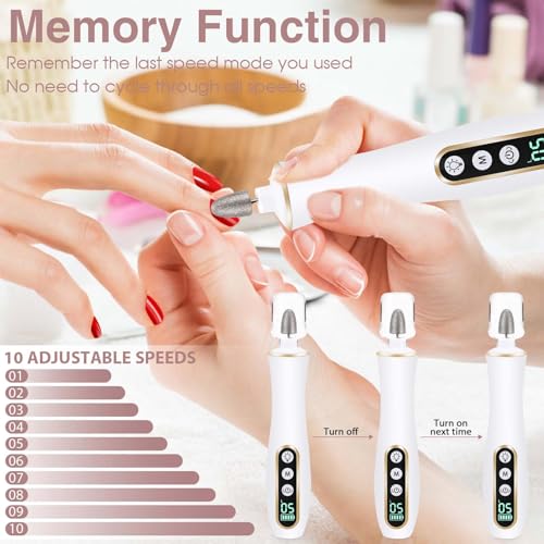 Cordless Electric Nail Drill with 360° LED Light - 10 Speed, LCD Display, Low Noise, 6H Runtime, 9 Bits