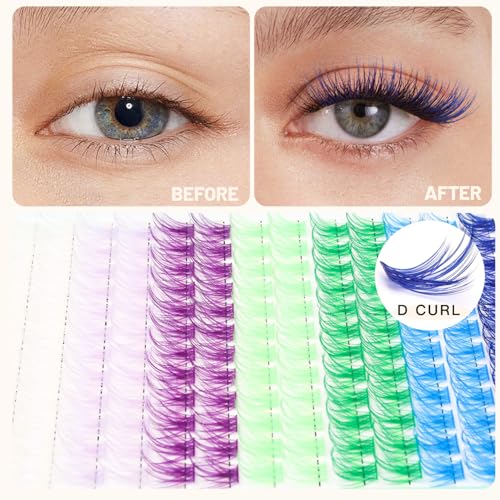 BODERMINCER Lash Clusters Kit 10-12-14-16mm Mixed Natural D Curl Fairy Lashes Pre-glue Extension Bond and Seal for Self Use DIY at Home (Colorful 16MM M02#)