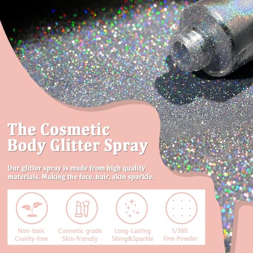 Boko Rainbow A-Glint Body Glitter Spray - Holographic Silver & Colorful Glitter for Face & Body