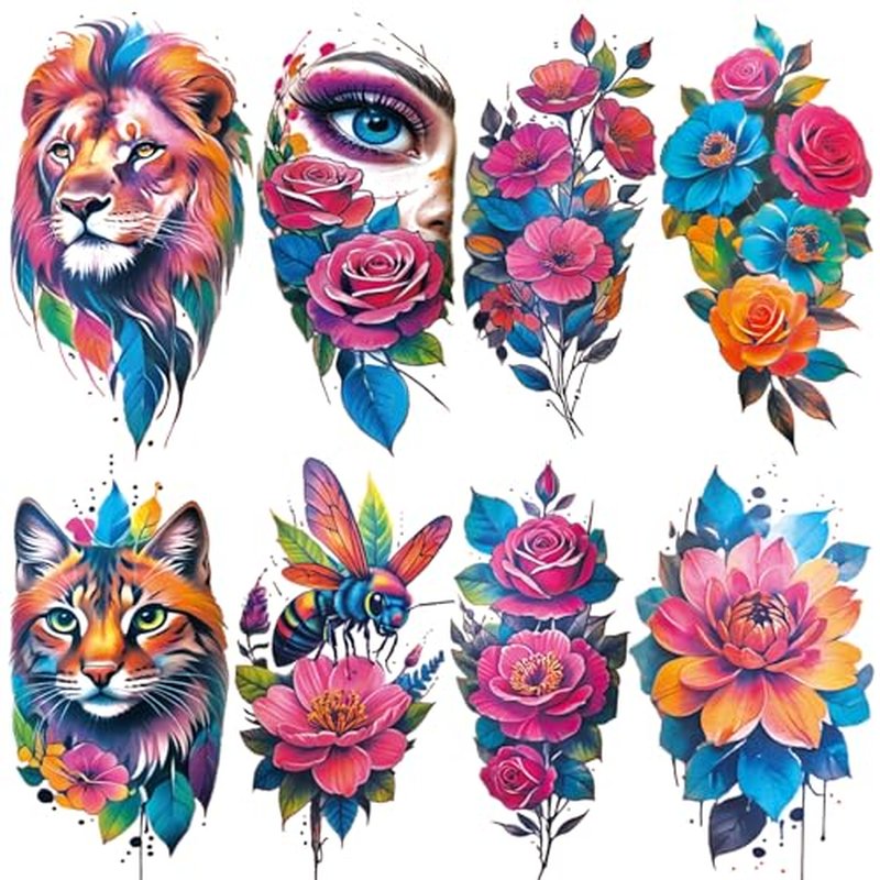 Tazimi Realistic Watercolor Flower Temporary Tattoos Half Arm Lion Flower Fake Tattoos for Women Girls Adults Waterproof Long Lasting Colourful Sexy Tattoos Stickers