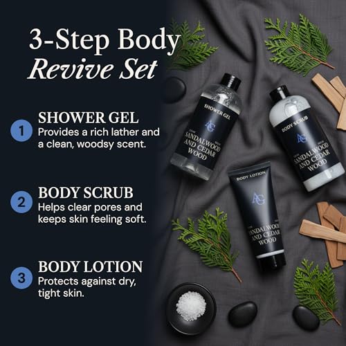 Shower Kit Men, Bath and Body Gift Set For Him - Shower Gel, Body Scrub & Body Cream, Sandalwood & Cedar Scent, 3 pcs 720ml - Skin Care Kit Fathers Day Birthday Idea for Him