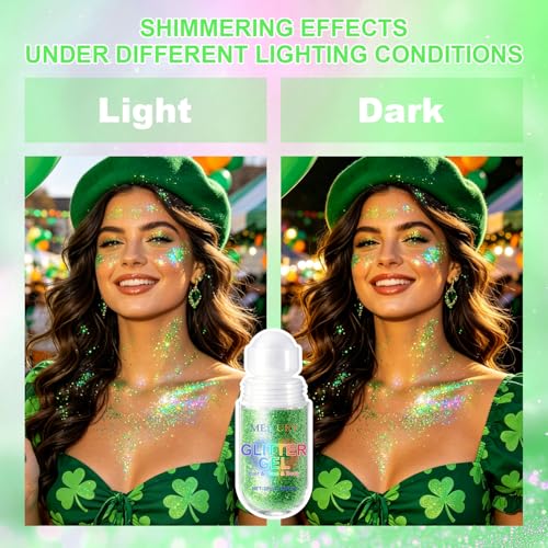 2PCS Green Roll-On Body & Face Glitter Gel for Face Hair & Body - St Patrick's Day Glitter
