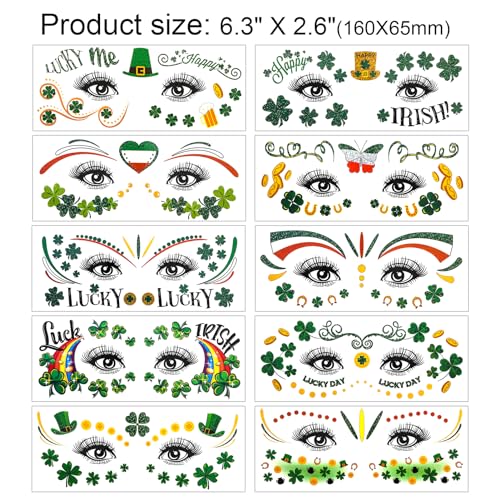HOWAF 10 Sheets St Patrick's Day Face Tattoo Stickers,Shamrock Clover Facial Makeup Sticker Face Eye Tattoos for St. Patrick's Day Party Accessory, Irish Green Party Glitter Face Art Temporary Tattoos