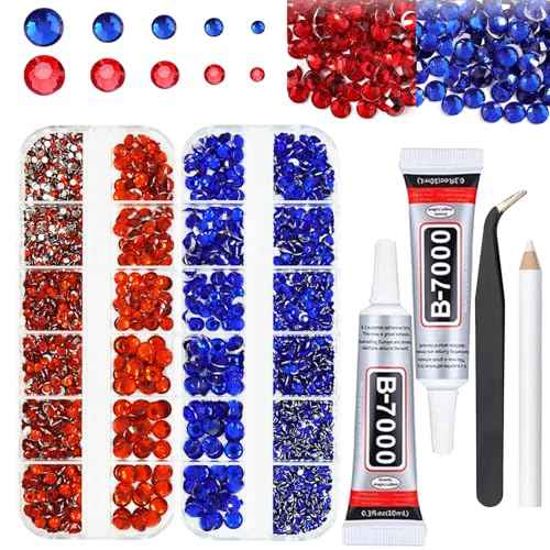Red And Navy Blue Rhinestones with Glue(S8-S30) for Bedazzling,2mm-6mm Non-Hotfix Flatback Nail Gems Beads with B7000, Dark Blue Resin Nail GemsStones Diamond Kit for Bedazzle Crafting, Nails DIY Art