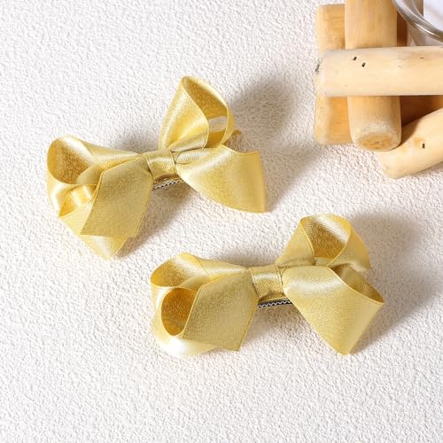 2 Pcs Glitter Gold Ribbon Hair Bows Clips Small Cute Alligator Hairpins 3" for Little Teen Toddler Baby Girls Kids Christmas New Year Gift Wedding Dress Decor Accessories