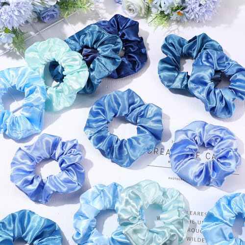 Tatuo 24 Pieces Rainbow Hair Scrunchies Elastic Bands Scrunchy Colorful Hair Ties for Women Girls Gymnastics Birthday Party Favors, Large (Blue Series Color,Satin)