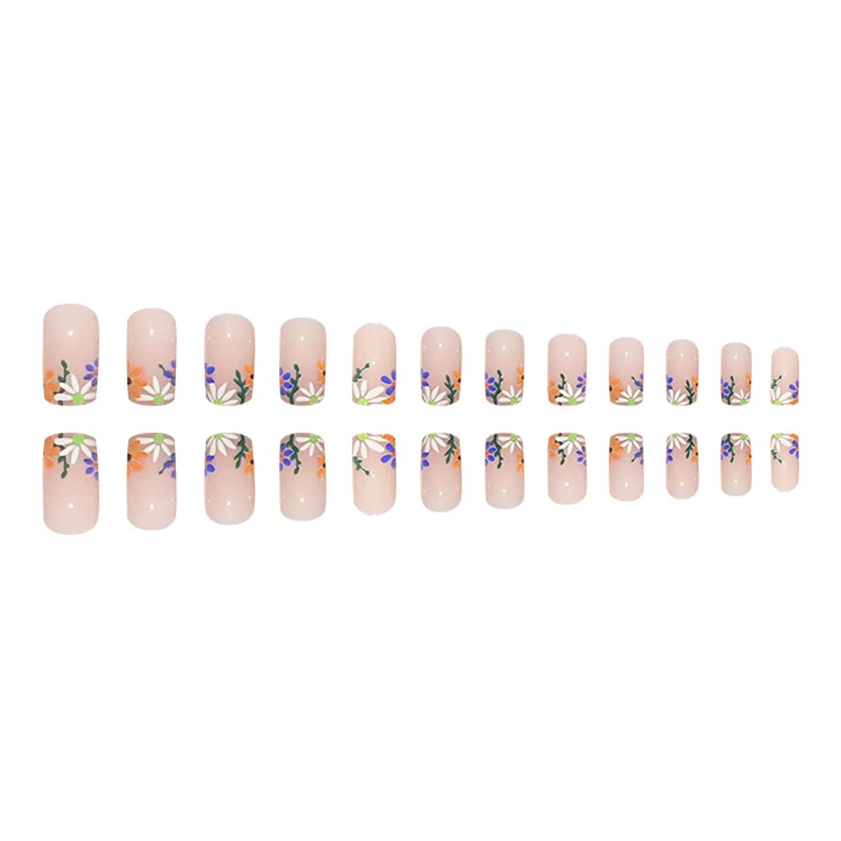 24 Pcs Square Press on Nails Short, Small Purple Flowers Glue on Nails, Acrylic French Tips Fake Nails with Little Daisies Floral Designs, Artificial Stick on False Nails for Women Girls Nail Decorations