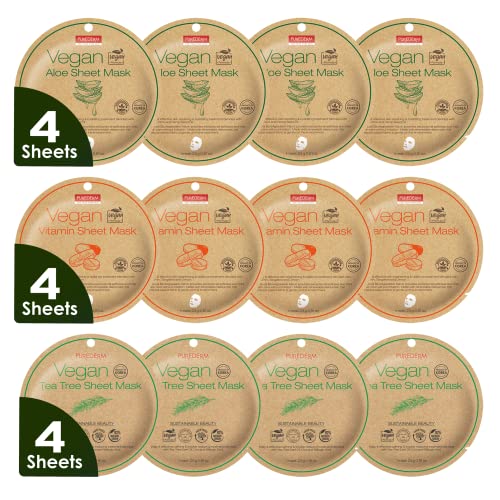 Purederm Vegan Facial Sheet Masks Trio (12 Packs) ? Face Masks Skincare for Dry, Dehydrated and Dull Skin