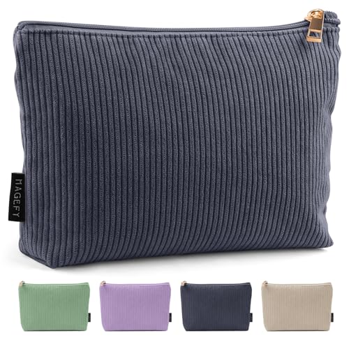 MAGEFY Corduroy Small Makeup Bag with Zipper Pocket - Travel Cosmetic Bag for Women