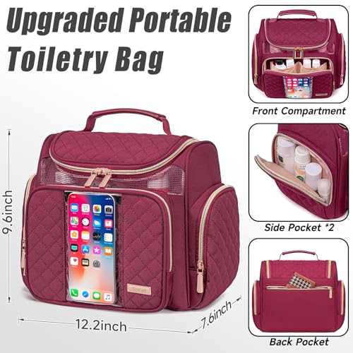 Tealari Wine Red Large Toiletry Bag for Travel, Water-Resistant Shower Caddy with Transparent Phone Pocket