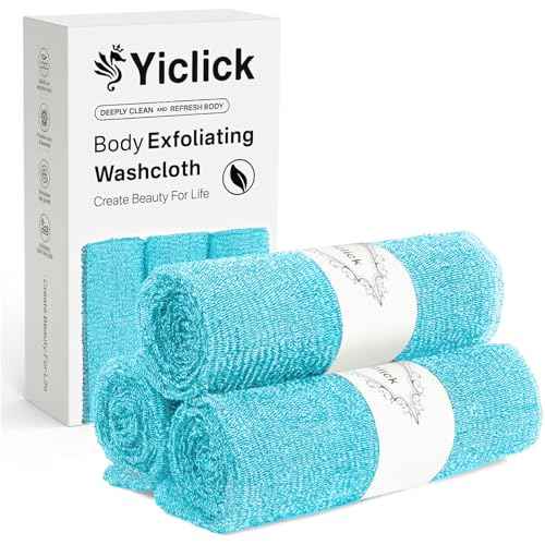 Yiclick Exfoliating Washcloth Towel [3 Pack], Japanese Exfoliating Bath Wash Cloth for Body Exfoliation, Korean Back Scrubber Washer for Shower, African Net Sponge Brush Loofah Exfoliator (Blue)