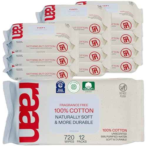 Raan, 100% Cotton Baby & Toddler Wipes, Unbleached, 99% Purified Water, Unscented, EWG verified, Made for Sensitive Skin, Extra Soft and Durable, 12 pack, 720 Count
