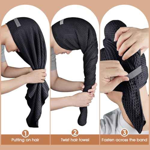 GLIMGLINT 2 Pack Black Microfiber Hair Towel Wrap for Long, Thick, Curly Hair, Super Soft, Fast Drying Waffle Hair Towel Wrap with Elastic Strap 40"X26.5"