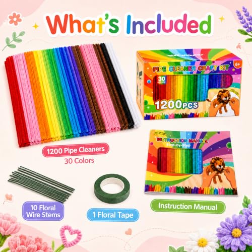 Pipe Cleaners Bulk 1200pc in 30 Colors with 18 DIY Projects