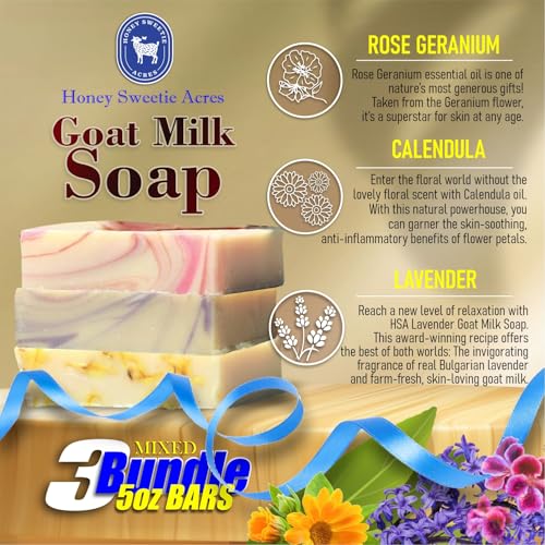 Honey Sweetie Acres 3-Pack Goat Milk Soap ? Lavender, Rose Geranium & Calendula ? Floral Spring Scents ? Handcrafted 5 oz Bars ? Made in the USA