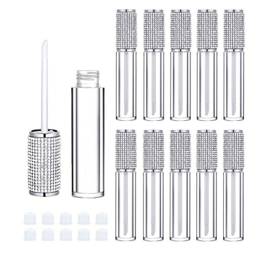 10 Pack Crystal Rhinestone Lip Gloss Wand Tubes, 5ml Empty Lip Gloss Containers, Lipgloss Lip Balm Bottles with Rubber Stoppers for DIY Lip Glaze Balm Cosmetic Business (Silver Diamond)