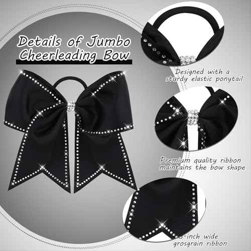 2 Packs Jumbo Cheerleading Bow 8 Inch Large Cheer Hair Bows with Ponytail Holder for Teen Girls Softball Outfit Uniform(Rhinestone Black)