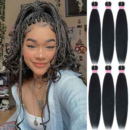 Black Braiding Hair Pre Stretched 20 Inch 6 Pack Synthetic Braids Hair Extensions for Women (1B)