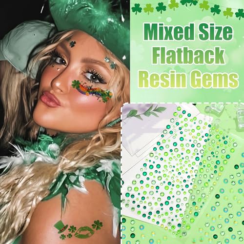 St. Patrick's Day Face Tattoo Stickers with Green Rhinestones