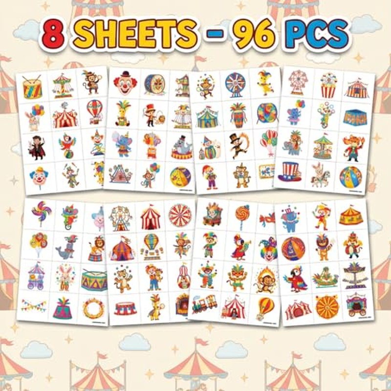 96 PCS Cute Carnival Pre-Cut Temporary Tattoos for Kids - Circus Designs for Clown Theme Parties, Birthday Supplies & Favors for Parties, Classroom Rewards Decoration, Gifts for Kids (Carnival 1)