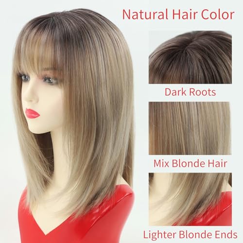 Ombre Blonde Bob Wig with Bangs 14" Layered Straight Synthetic