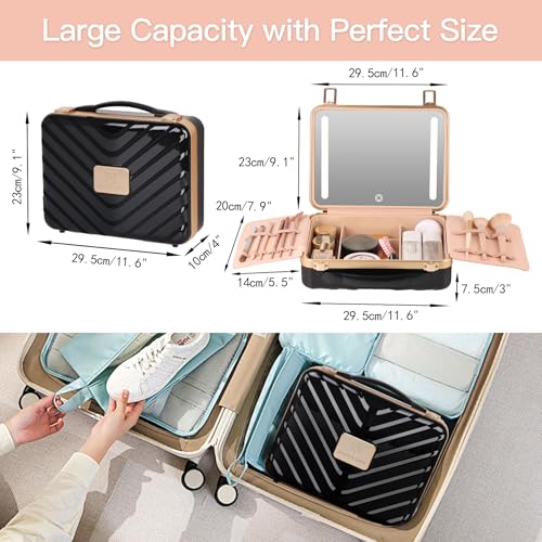 BEAUTY CASE Makeup Case with 4K LED Mirror, 12 Inch Shockproof ABS Hard Shell Cosmetic Organizer Bag, Portable Travel Vanity Box with Aluminum Frame, Snap Buckle, Gift for Women Girls, Black