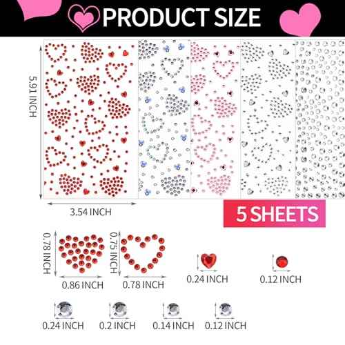 YGDZ Face Gems 5 Sheets Hair Gems, Self Adhesive Face Jewels Stickers, Heart Festival Face Gems Stick on, Rhinestone stickers for Face, Eye, Makeup, Rave Accessories for Kids, Women