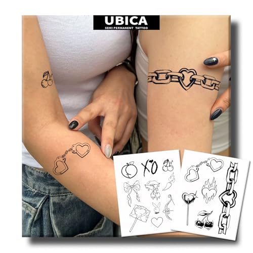 2 Sheets Long Lasting Love Chain Temporary Fake Tattoos For Women Arm Hand Neck Waist,Bow Cherry Rabbit Semi Permanent Tattoo For Adults Girl,Realistic, Waterproof and Non-Reflective