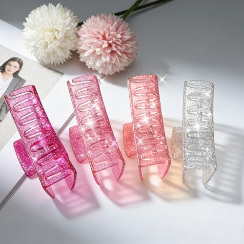 4Pcs Pink Clear Large Hair Claw Clips for Thick Hair