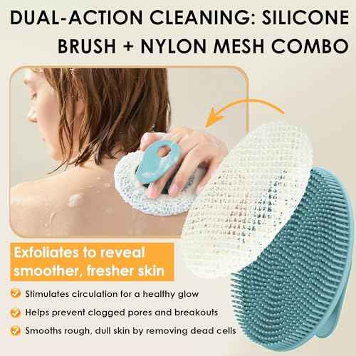 INNERNEED 2 Pieces African Net Sponge Exfoliating Shower Mesh Bath Washcloth Case, with 1 Silicone Body Scrubber Brush (DarkGreen)