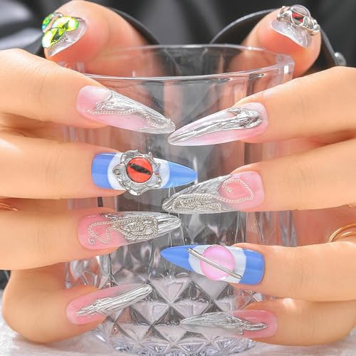 Sethexy Long Stiletto Handmade Press On Nails Acrylic Glitter False Nails Gothic Devil's Eye Fake Nails Salon Stick On Nails for Women and Girls 10PCS (1)