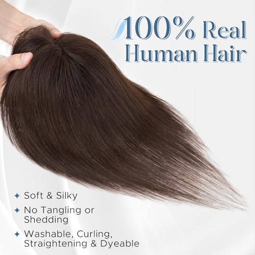 SLEEKALON 10-Inch Human Hair Topper with Clip-In Air Bangs - Dark Brown