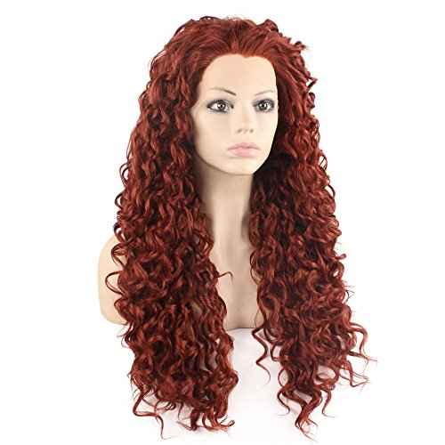 MX angel Long Heat Resistant Synthetic Hair Celebrity Burgundy Wine Red Stylish Curly Lace Front Wig