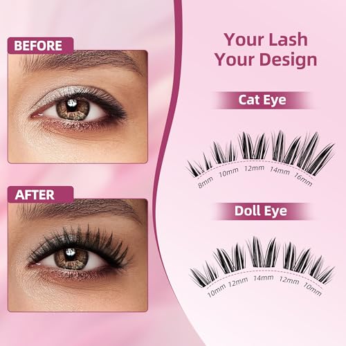 Dramatic Volume Lash Clusters Kit, 0.05mm Thin Band 8-18mm C Curl, DIY Lash Extension with Bond/Seal/Remover/Tweezer, Waterproof Reusable, FayJoo BOLDEE 11 Kit