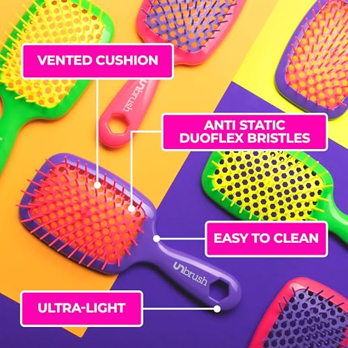 FHI Heat UNbrush Detangling Brush for Pain-Free Brushing on All Wet or Dry Hair Types — Durable DuoFlex Anti-Static Bristles, Lightweight Handle, Vented Hair Brush, Electric Berry Purple