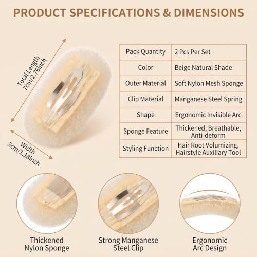 Hair Volume Clip Set - 2 Pcs Beige Bump It Up Inserts for Styling