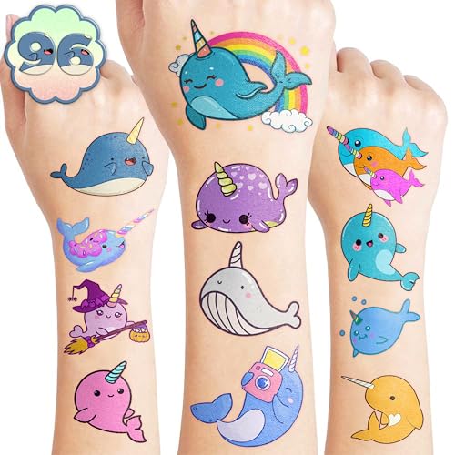 96PCS Narwhal Temporary Tattoos - Pre-Cut Party Favors