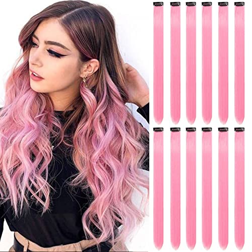 12 PCS Pink Hair Extensions Clip in, Colored Party Highlights Extension for Kids Girls Synthetic Hairpiece Straight 22 inch