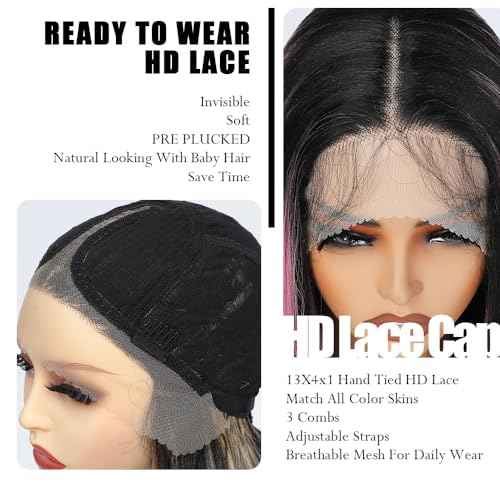 X-TRESS Highlight Pink and Black Wig 13x4x1 HD Lace Front Wigs Pre-plucked with Baby Hair 26Inch Straight Synthetic for white Women black Pink Highlight T-part Lace Halloween Wigs
