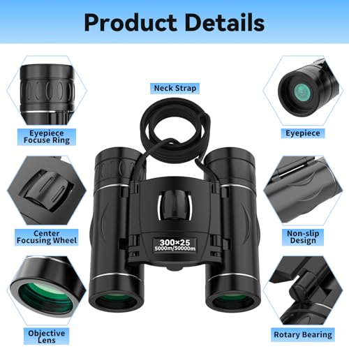 300x25 Binoculars for Adults and Kids, High Powered Mini Pocket Binoculars with Phone Adapter, Waterproof Compact Binoculars for Bird Watching