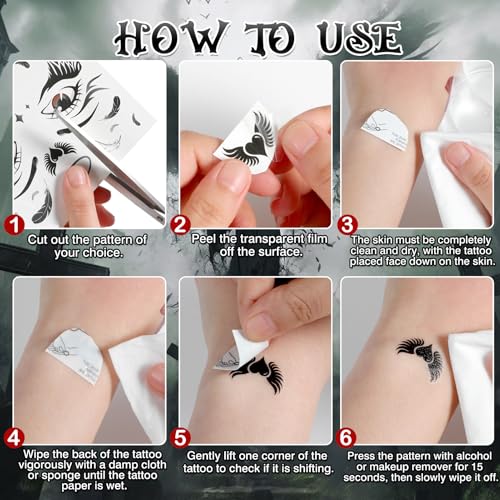 HOWAF 4 Sheets Halloween Angel Face Tattoos Angel Wing Full Face Temporary Tattoos for Hallows' Eve Angels Costumes Accessories, Black and White Fallen Angels Tattoo Stickers